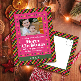 Family Christmas Plaid Photo Red Holiday Postcard Helg Vykort