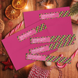 Family Christmas Plaid Red Etikettband