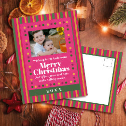 Family Christmas Stripe Photo Red Holiday Postcard Helg Vykort
