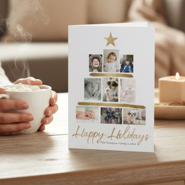 Family Christmas tree photo Collage Year Review Helgkort (Modern Faux gold star and stroke tree family photo update folded christmas Happy holidays card)
