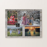 Family collage 4 photos on rustic wood monogram pussel<br><div class="desc">Family photo collage jigsaw puzzle
You can personalize it and add your most beautiful photos,  monogram and family name. Great fun !</div>