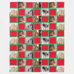 Family Collage Photo Mönster Red and Grönt Fleecefilt