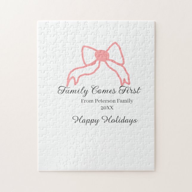 Family comes first red bow family name holidays pussel (Vertikal)