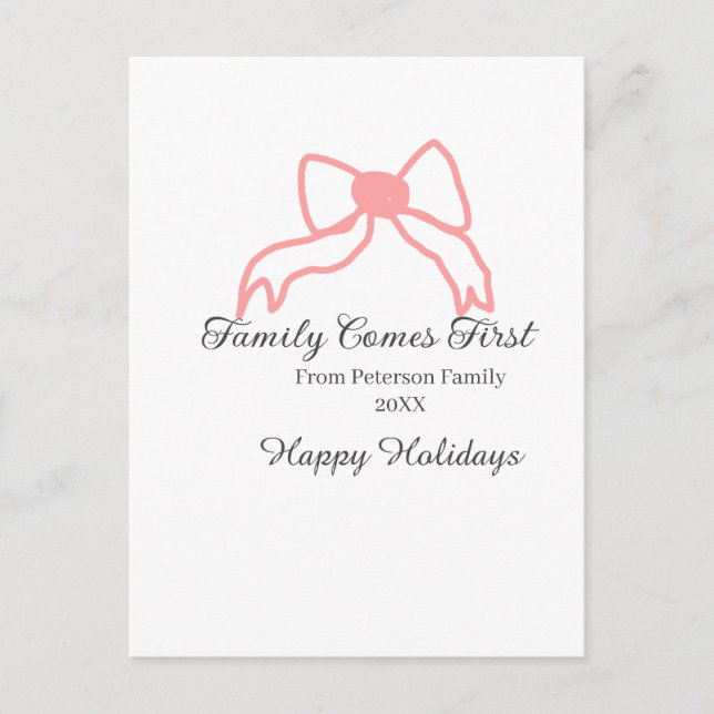 Family comes first red bow family name holidays vykort (Framsida)