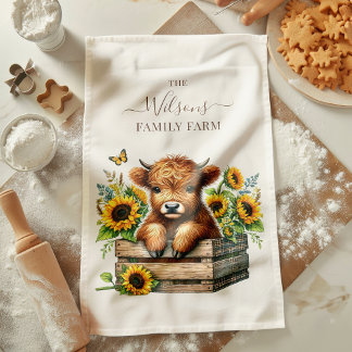 Family Farm Rustic Sunflower Highland Cow Kökshandduk
