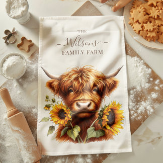 Family Farm Rustic Sunflower Highland Cow Kökshandduk
