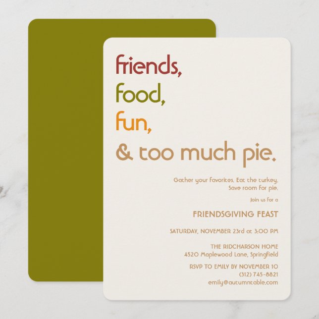 Family, Friends, Turkey, Pie Modern Thanksgiving Inbjudningar (Fram/baksida)