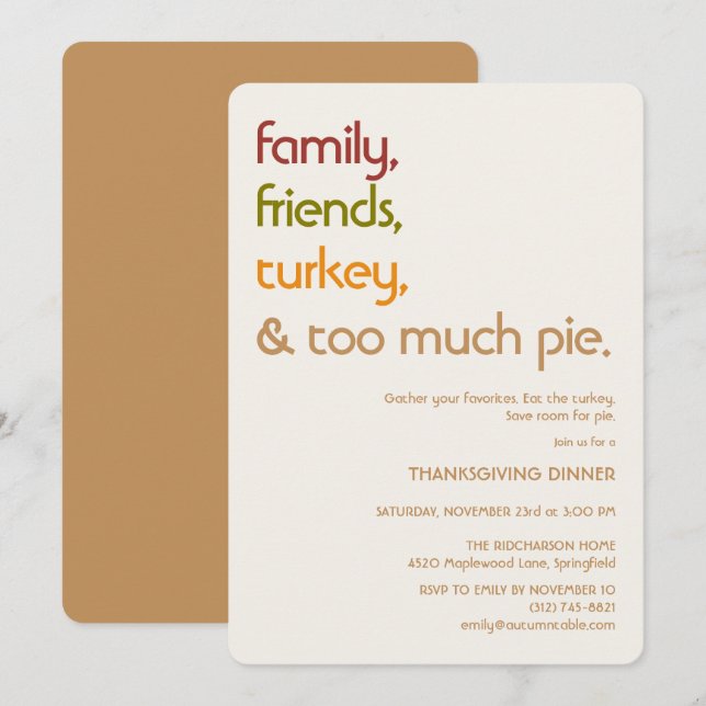 Family, Friends, Turkey, Pie Modern Thanksgiving Inbjudningar (Fram/baksida)