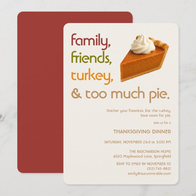 Family, Friends, Turkey, Pie Modern Thanksgiving Inbjudningar (Fram/baksida)