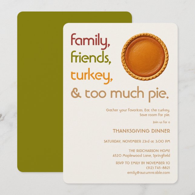 Family, Friends, Turkey, Pie Modern Thanksgiving Inbjudningar (Fram/baksida)