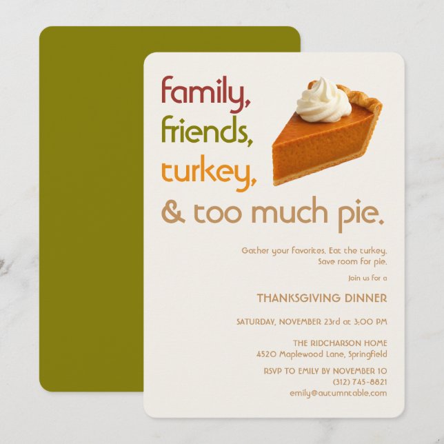 Family, Friends, Turkey, Pie Modern Thanksgiving Inbjudningar (Fram/baksida)