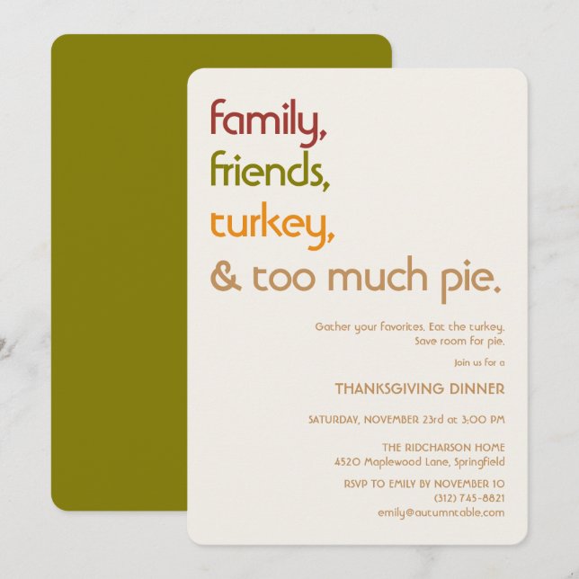 Family, Friends, Turkey, Pie Modern Thanksgiving Inbjudningar (Fram/baksida)