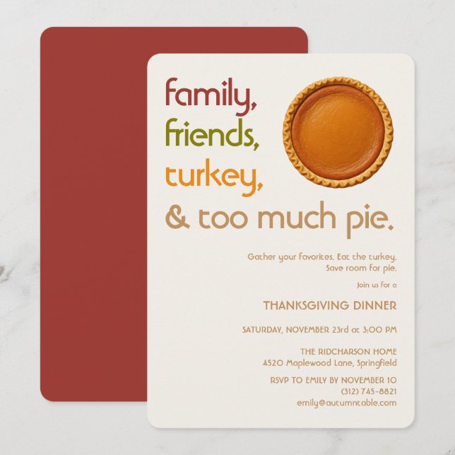 Family, Friends, Turkey, Pie Modern Thanksgiving Inbjudningar (Fram/baksida)