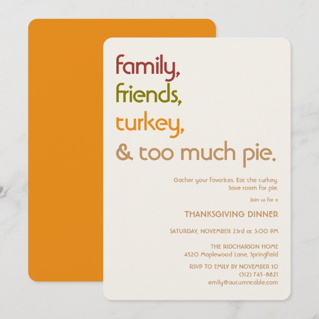 Family, Friends, Turkey, Pie Modern Thanksgiving Inbjudningar (Fram/baksida)