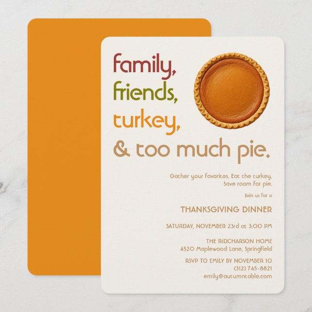 Family, Friends, Turkey, Pie Modern Thanksgiving Inbjudningar (Fram/baksida)