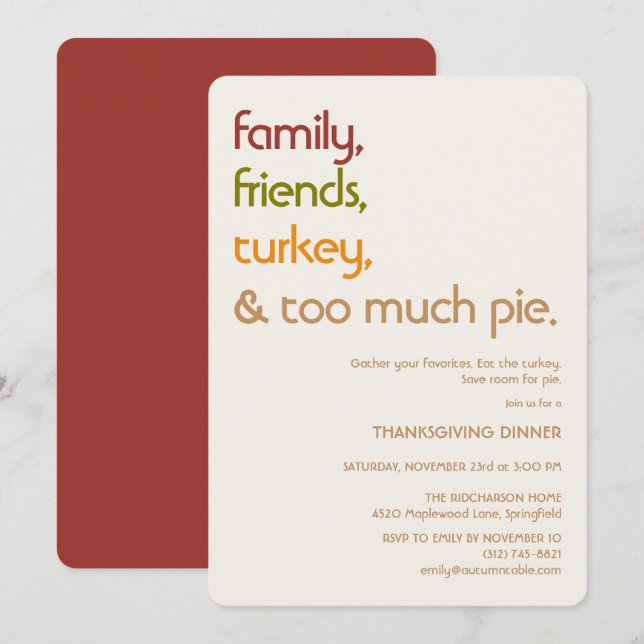 Family, Friends, Turkey, Pie Modern Thanksgiving Inbjudningar (Fram/baksida)