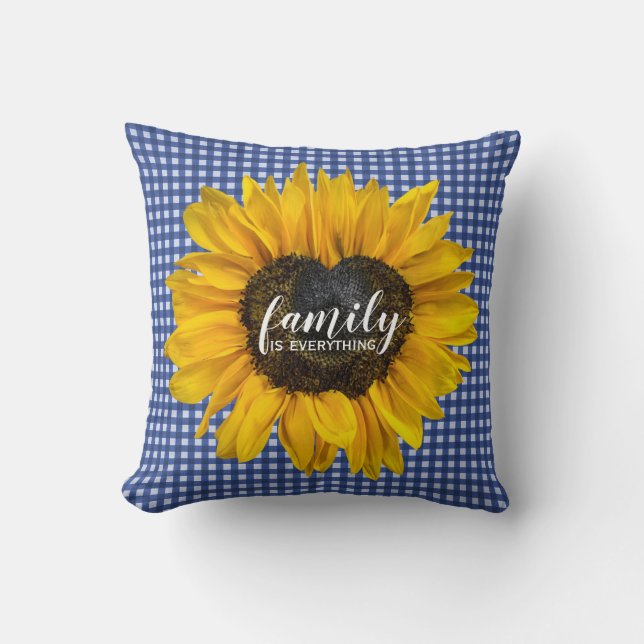 Family Heart Solros på Gingham Kudde (Framsida)