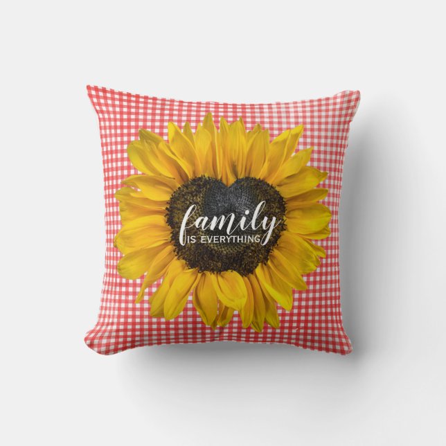 Family Heart Solros på Gingham Kudde (Framsida)