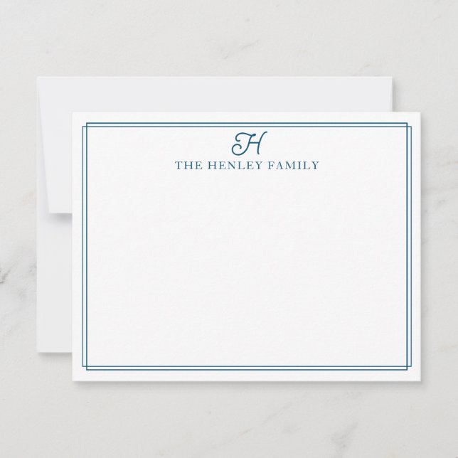 Family Initial Blue Border Monogram Stationery Anteckningskort (Framsida)