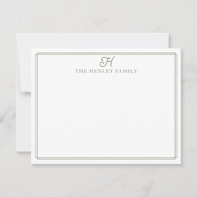 Family Initial Green Border Monogram Stationery Anteckningskort (Framsida)