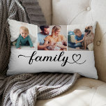 Family Kärlek Black Script 3 Photo Anpassningsbar  Lumbarkudde<br><div class="desc">Den moderna och snyggt anpassningsbarna i ländryggen dekorativ kudde har en fotokollage med tre (3) favoritfoton i fyrkantiga Instagram stil med en enkel och minimal svart "familje"-typografi som innehåller blomning i eleganten och hjärtedetaljer. Svartvitt färg kan ändras.</div>