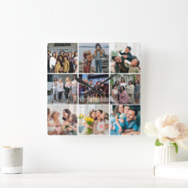Family Memories 9 Photo Grid Personalized Collage Fyrkantig Klocka