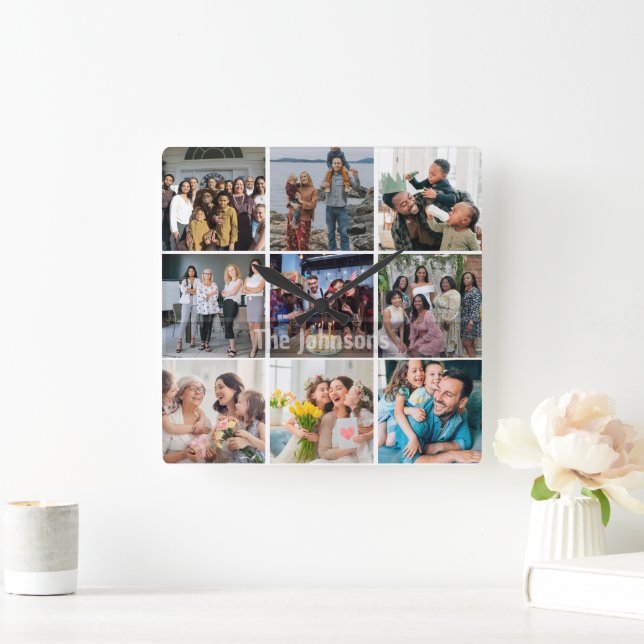 Family Memories 9 Photo Grid Personalized Collage Fyrkantig Klocka (Hem)