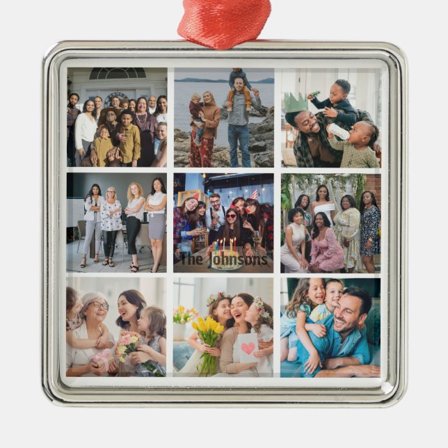 Family Memories 9 Photo Grid Personalized Collage Julgransprydnad Metall (Framsidan)