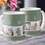 FAMILY Modern Typografi och Anpassningsbar 6 Photo Kaffemugg<br><div class="desc">Personlig mugg med ord FAMILY, skriven i modern typografi, ovanför dina foton. Fotomallen är inställd så att du kan lägga till 6 av din favoritfilm bilder, som visas i fyrkantigt format med en enkel, raster stil, fotokollage. Denna smarta och snyggt anpassningsbar biet har en land-palett av sage grönt och naturlig...</div>