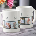 FAMILY Modern Typografi och Anpassningsbar 6 Photo Kaffemugg<br><div class="desc">Personlig mugg med ord FAMILY, skriven i modern typografi, ovanför dina foton. Fotomallen är inställd så att du kan lägga till 6 av din favoritfilm bilder, som visas i fyrkantigt format med en enkel, raster stil, fotokollage. Denna smarta och snyggt anpassningsbar biet har en modern färg-palett av naturligt benvitt och...</div>