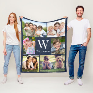 Family Monogram 6 Photo Collage Blue Fleecefilt