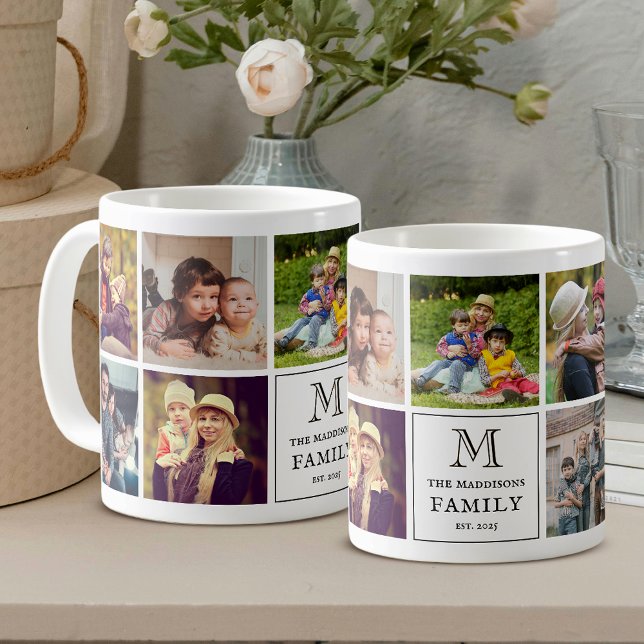 Family Monogram 9 Photo Collage and Custom Text Kaffemugg (Skapare uppladdad)