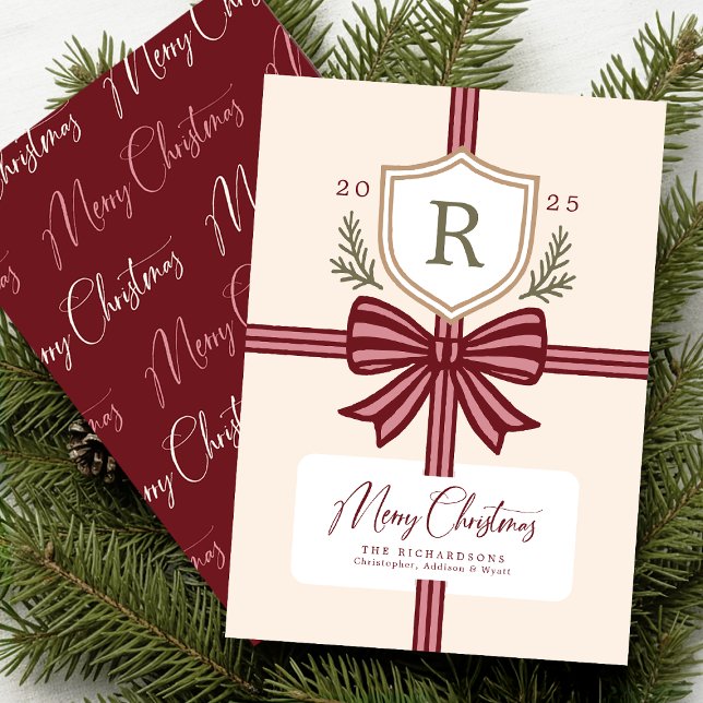 Family Monogram Bow Rustic Non-Photo Holiday Card Julkort (Front and Back on a 5" x 7" card)