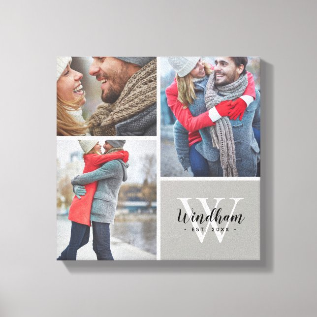 Family Monogram fastställt datum 3 fotokollage Canvastryck (Framsida)