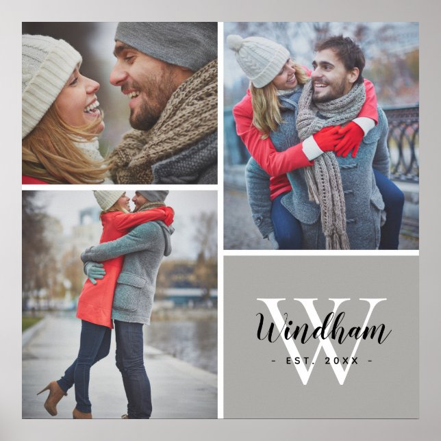 Family Monogram fastställt datum 3 fotokollage Poster (Framsidan)