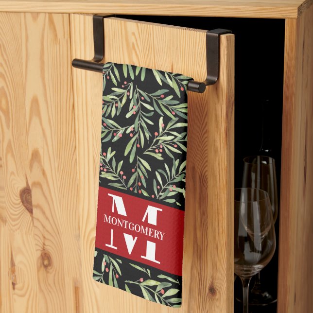 Family Monogram jul Holly Kökshandduk (Thirds Fold)