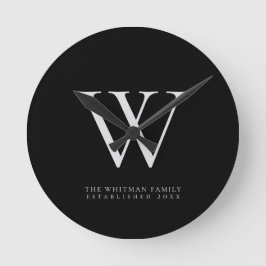 Family Monogram Namn Black Rund Klocka