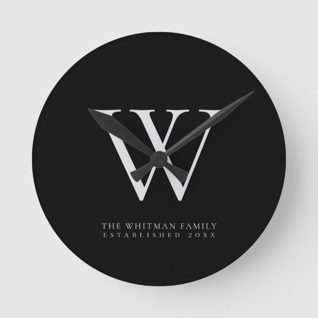 Family Monogram Namn Black Rund Klocka (Framsida)