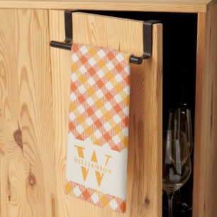 Family Monogram Orange Red Gingham Play Farmhouse Kökshandduk