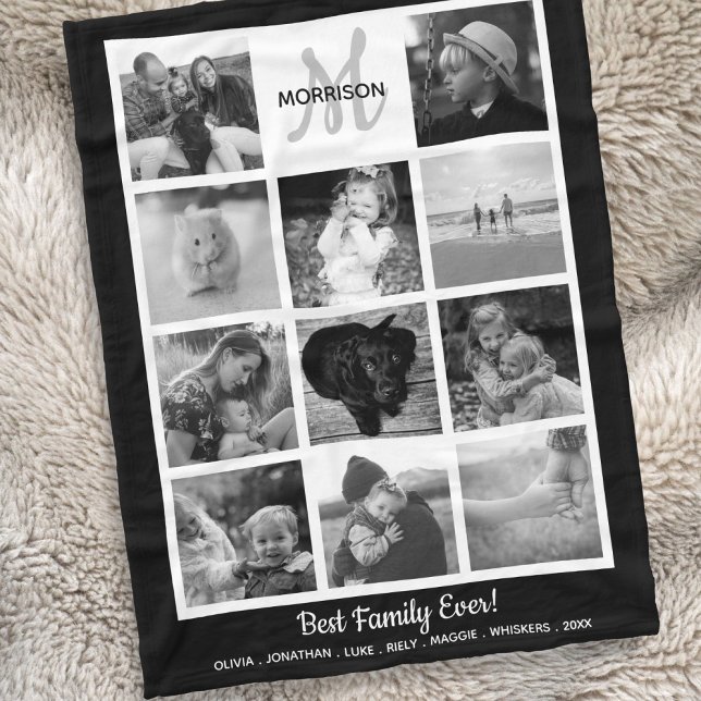 Family Monogram Photo Collage 11 Black White Photo Fleecefilt (Skapare uppladdad)