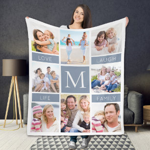 Family Monogram Photo Collage Dusty Blue Fleecefilt