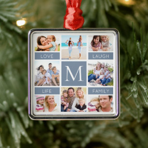 Family Monogram Photo Collage Dusty Blue Julgransprydnad Metall