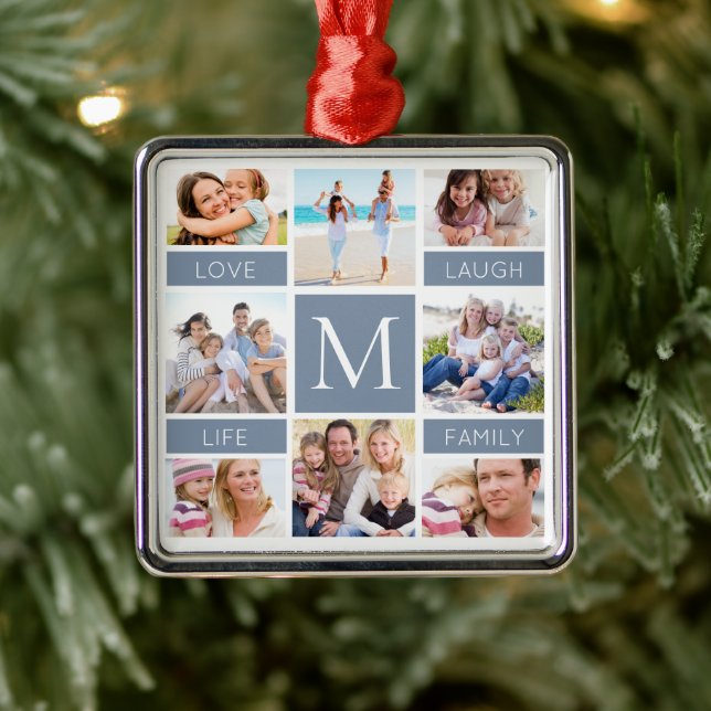 Family Monogram Photo Collage Dusty Blue Julgransprydnad Metall (Träd)