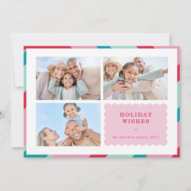 FAMILY MULTI PHOTO modern cute border pink red Julkort (Framsida)