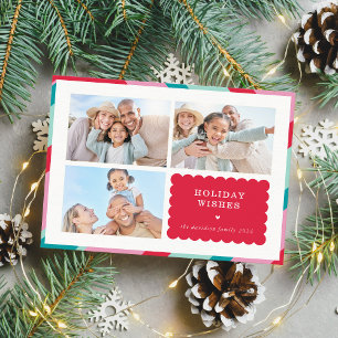 FAMILY MULTI PHOTO modern sött gräns-röd rosa Julkort