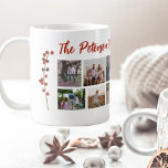Family name 10 photo collage Merry Christmas Kaffemugg<br><div class="desc">Modern minimalist Christmas mug personalized with 10 photos,  your family name,  and text featuring two red holly berries branches.           A beautiful keepsake gift for any family member - mother,  father,  grandparents,  kids.</div>