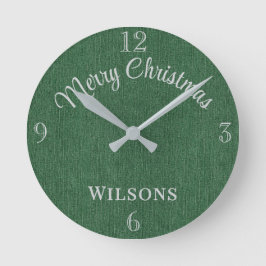 Family Name Merry Christmas Green Denim Print 8-in Rund Klocka