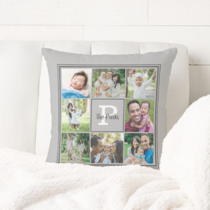 Family Name Monogram 8 Photo Collage Gray Kudde