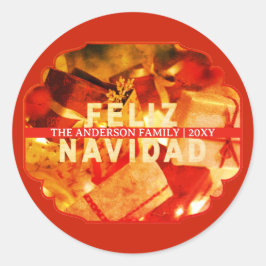 Family Name Red Gold Feliz Navidad Christmas Runt Klistermärke