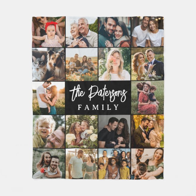 Family Namn 18 Photo Collage Modern Elegant Black Fleecefilt (Framsidan)